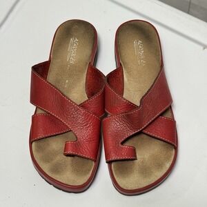 VTG Brazil Red Leather Thong Sandals Chunky 90s Strappy Summer Chic Colorful 10N